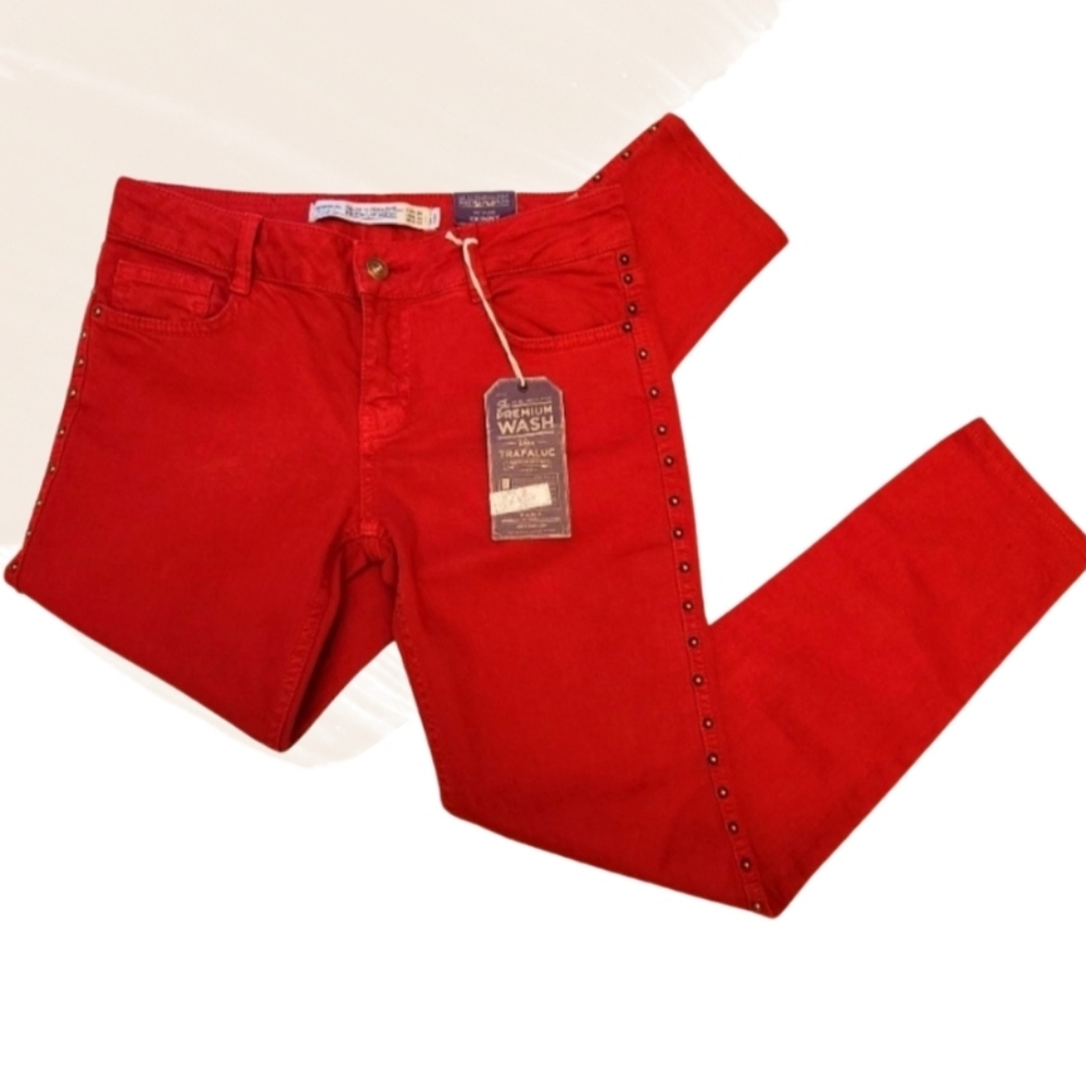 Zara Trafaluc Red Studded Skinny Jeans Size EUR 36 USA 4 Premium Wash NWT‎